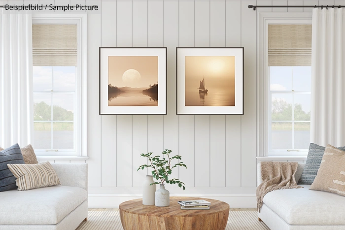 Modern living room with neutral tones, featuring a round wooden coffee table, two sofas, and framed artworks on a shiplap wall.