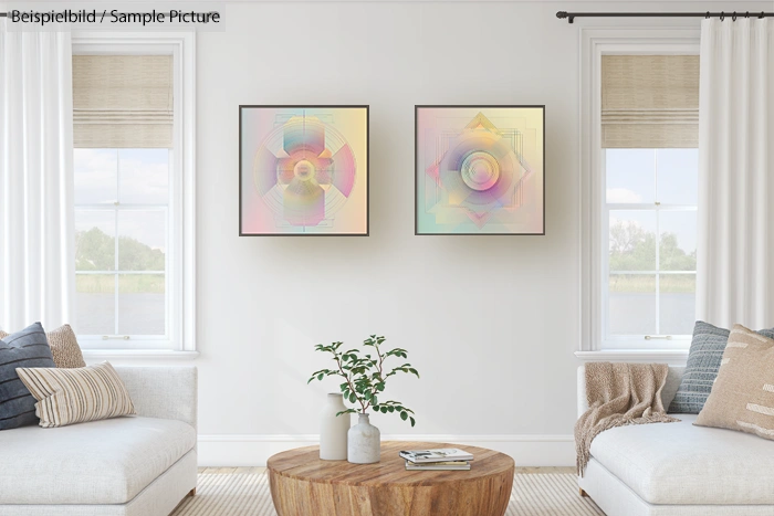 Modern living room with light decor, two abstract paintings, white sofas, and a round wooden coffee table.