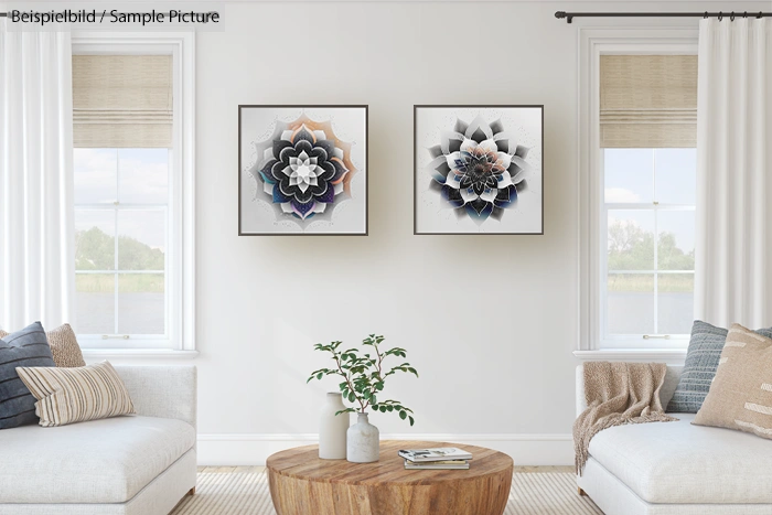 Modern living room with two abstract flower paintings, white walls, a wooden table, and a cozy seating area.