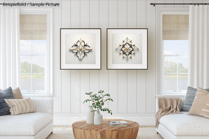 Minimalist living room with modern geometric wall art, beige sofas, wooden coffee table, and light-filled windows.