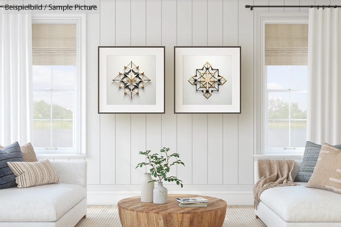 Modern living room with neutral decor, featuring two framed geometric art prints above a wooden coffee table and plants.