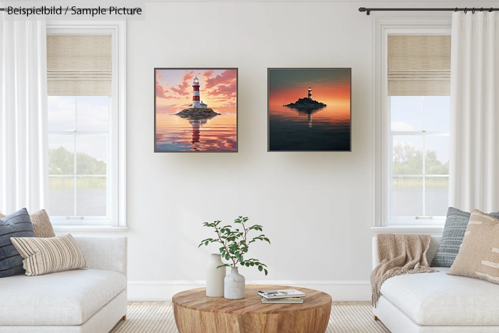 Minimalistic living room with two framed lighthouse paintings, a small plant on a wooden coffee table, and neutral decor.