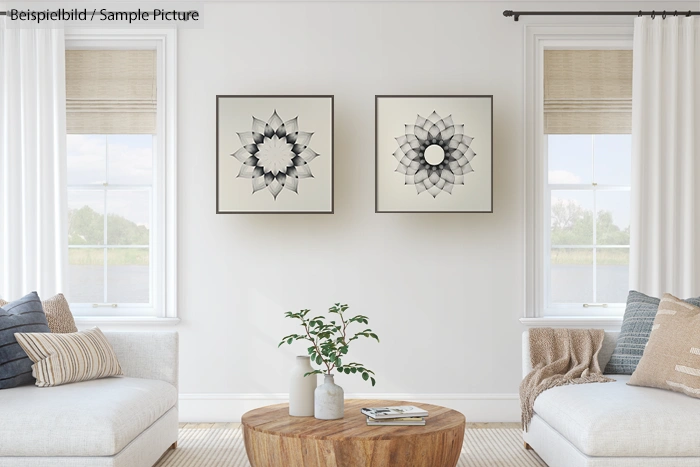 Minimalist living room with two geometric art pieces on the wall, white sofas, and a wooden coffee table.