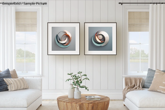 Cozy living room with wall art, neutral sofa, and round coffee table.