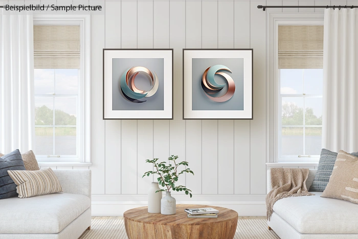 Modern living room with abstract framed art, white walls, light sofas, and wooden coffee table with plant.