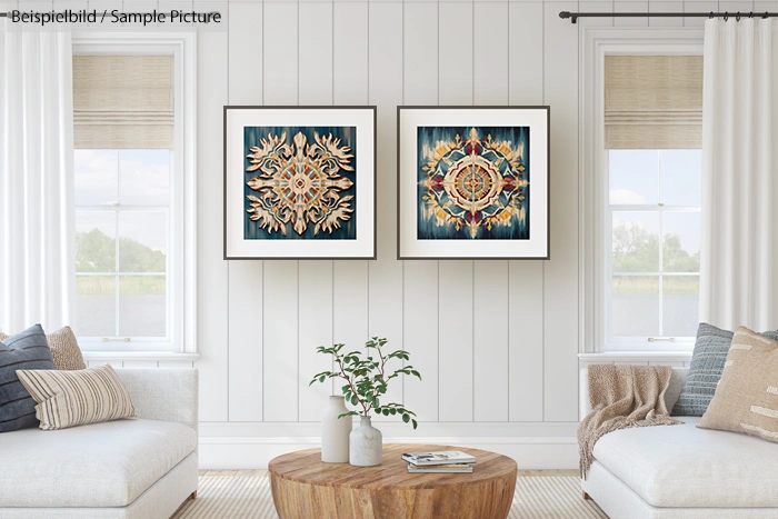 Chic living room with white walls, two framed abstract artworks, and modern furniture including a round wood coffee table.