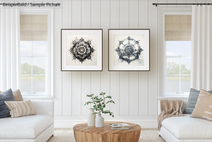 Two abstract artworks on a white wall in a bright living room with modern furniture and a small wooden table.