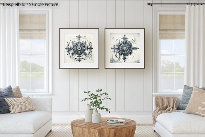 Modern living room with two abstract art pieces, a wooden coffee table, and neutral-toned sofas and cushions.