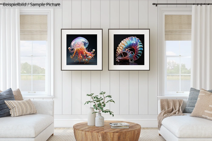 Modern living room with framed jellyfish and nautilus art on white paneled wall, two windows, and a round wood table.