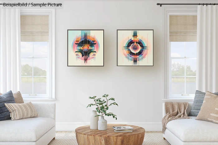 Modern living room with two abstract paintings, a wooden coffee table, and two sofas near large windows.