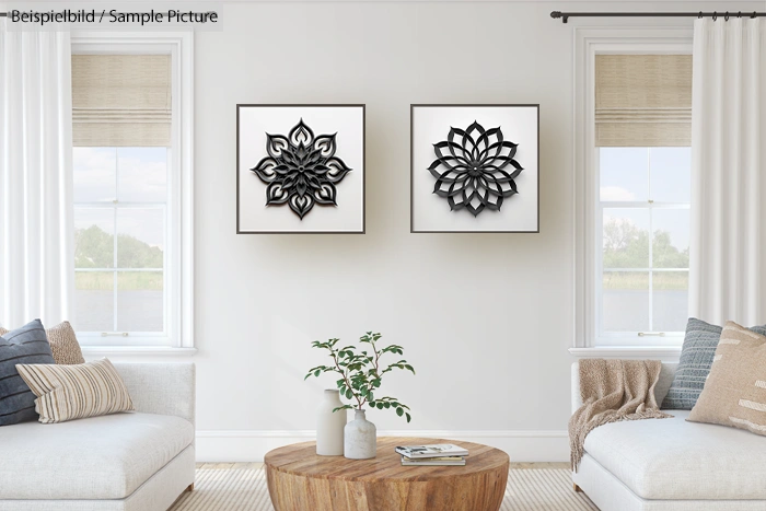 Modern living room with neutral decor, featuring two abstract floral wall art pieces and a wooden coffee table.