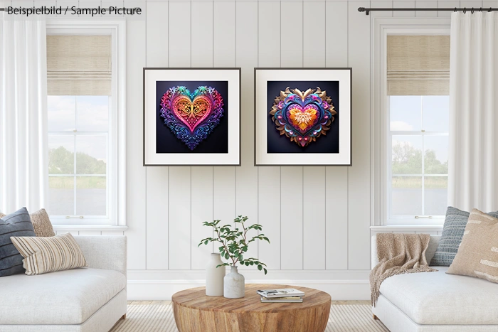 Modern living room with two vibrant heart artworks on the wall, wooden coffee table, and cozy seating.