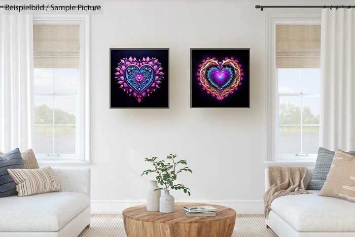 Modern living room with two heart-shaped artworks on the wall, light wooden furniture, and a small center table with a plant.