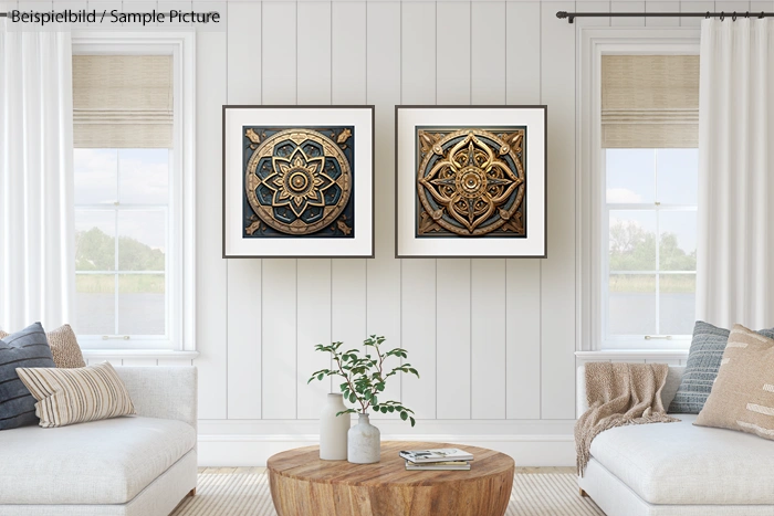 Bright living room with beige sofas, wooden coffee table, and two framed geometric artwork on the wall between windows.