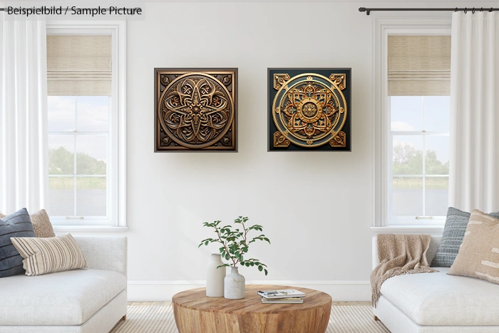 Modern living room with two ornate wall art pieces, cozy seating, and a small plant on a central wooden table.