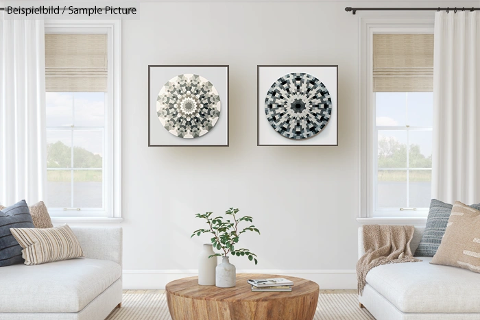 Modern living room with two mandala artworks on the wall, beige sofas, wooden coffee table, and potted plant centerpiece.