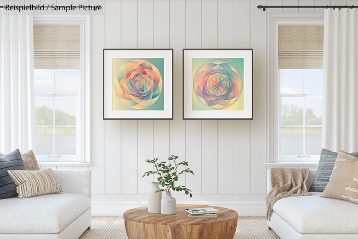 Bright living room with two colorful abstract art pieces on wall, white sofa, wooden coffee table, and large windows.