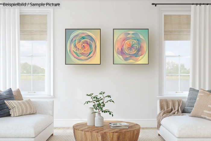 Modern living room with abstract art on walls, neutral decor, and a small coffee table with a plant.