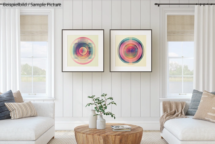 Bright living room with two abstract circle paintings on a shiplap wall; two windows and a wooden coffee table.