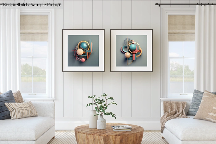 Modern living room with abstract geometric art on wall, wooden coffee table, and beige sofas by a window.