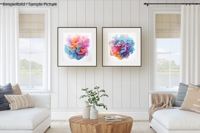 Modern living room with colorful abstract art, white walls, large windows, and neutral-colored furniture.