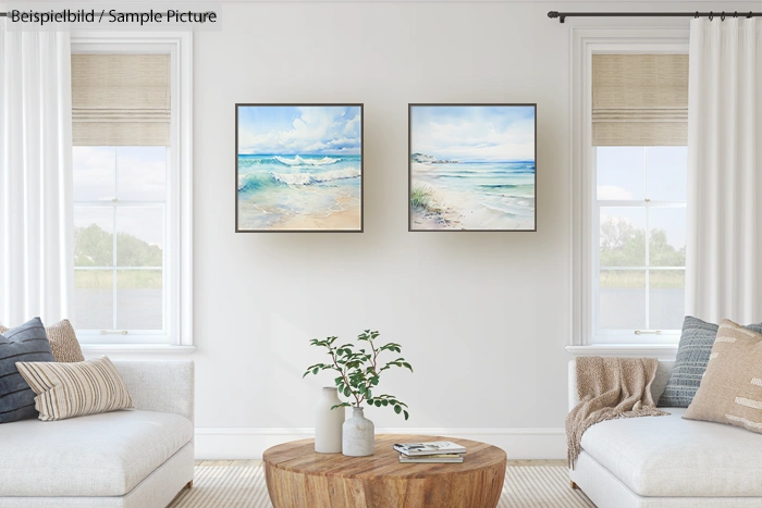 Bright living room with two beach paintings, white sofas, a round wood table, and potted plant.