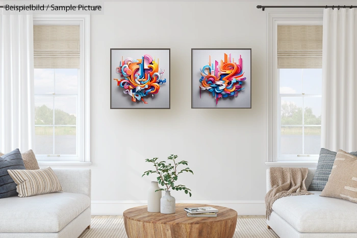 Modern living room with abstract colorful artworks, beige sofas, wooden table, and large windows with light curtains.