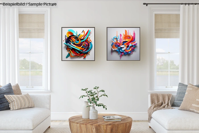 Modern living room with abstract colorful paintings on the wall, white sofas, and a round wooden coffee table with a plant.