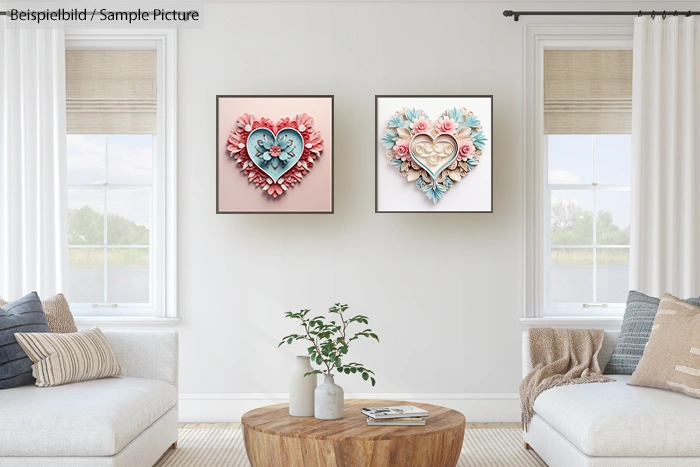 Two heart-shaped floral artworks on a wall in a light, cozy living room with neutral furniture and wooden coffee table.