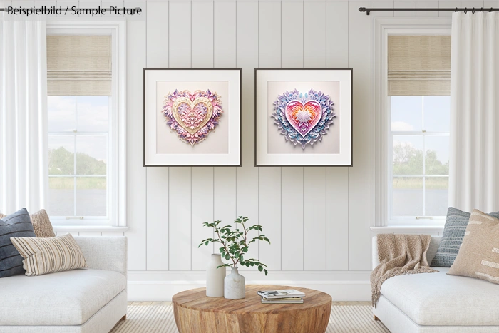 Cozy living room with two heart-themed artworks on light walls, white sofas, and a wooden coffee table.