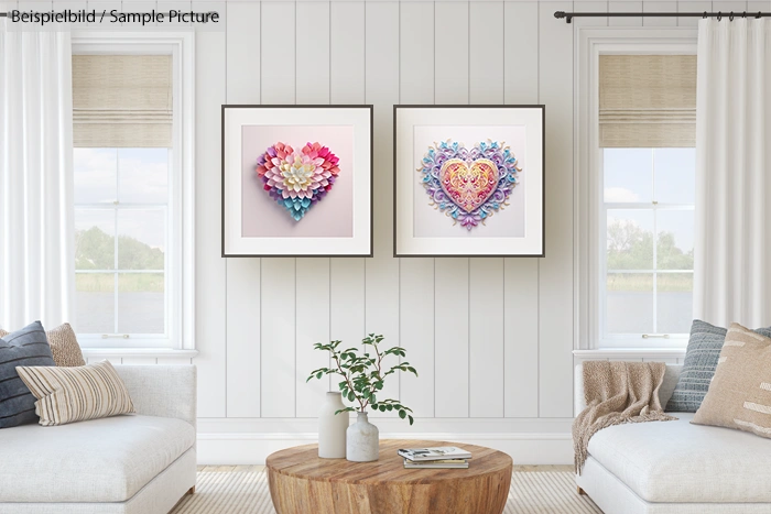 Modern living room with two heart-shaped art pieces and a wooden coffee table.