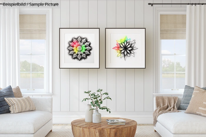 Modern living room with two framed floral artworks on a white wall, white sofas, and a wooden coffee table with plant.