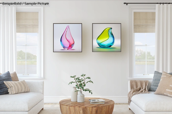 Living room with beige furniture, wooden table, and colorful abstract art on the wall between two windows.