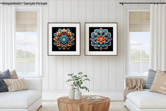 Modern living room with two vibrant floral artworks on white paneled walls, wooden table, and neutral furnishings.