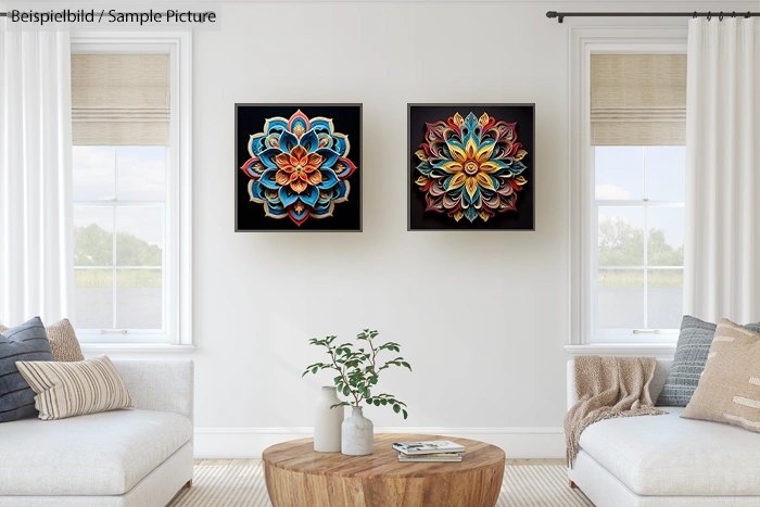 Modern living room with two colorful mandala artworks on white walls, neutral furnishings, and natural light from windows.