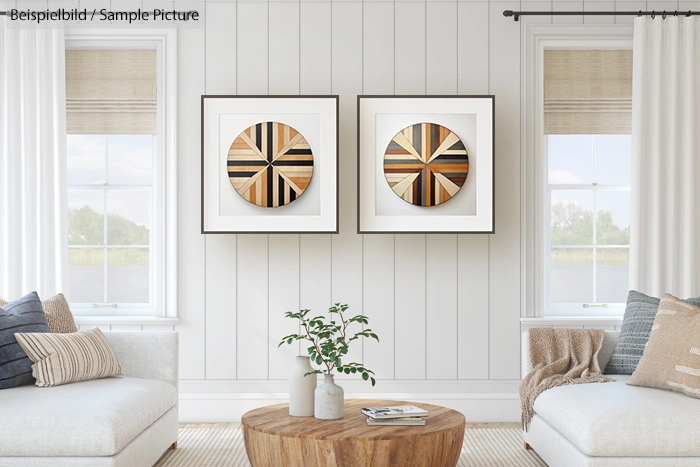 Modern living room with two circular wooden artworks, neutral tones, and a central rustic table with plants.