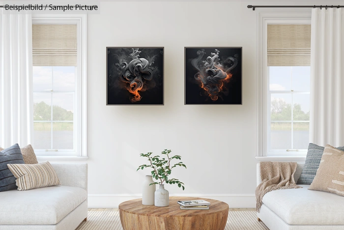 Modern living room with two abstract smoke paintings on the wall, light furniture, and a wooden coffee table.