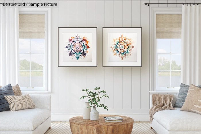 Modern living room with two mandala art pieces, neutral furniture, and a round wooden table with a plant.