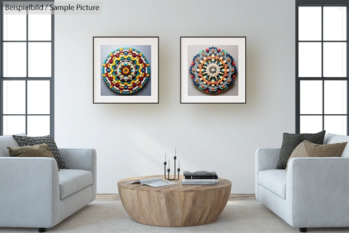 Modern living room with two abstract circular artworks on wall, white sofas, and round wooden coffee table.