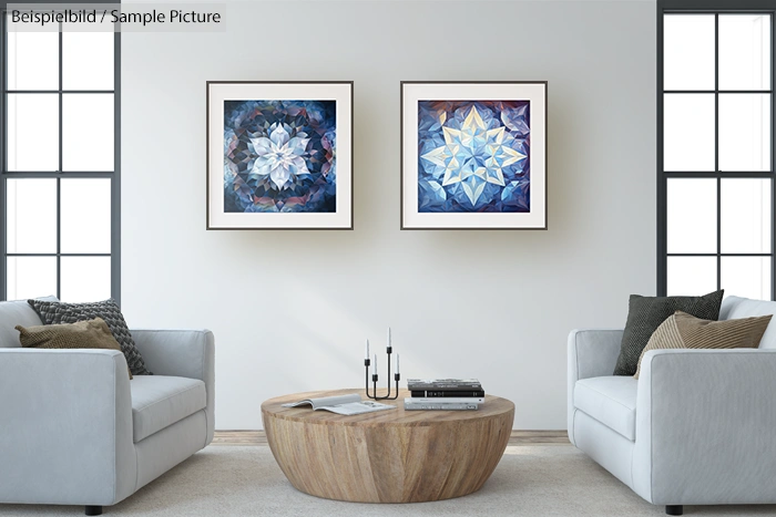 Modern living room with abstract geometric art, gray sofas, wooden coffee table, and large windows.