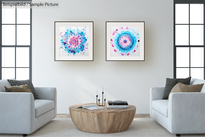 Modern living room with two abstract blue and pink floral artworks, grey sofas, and a wooden coffee table.