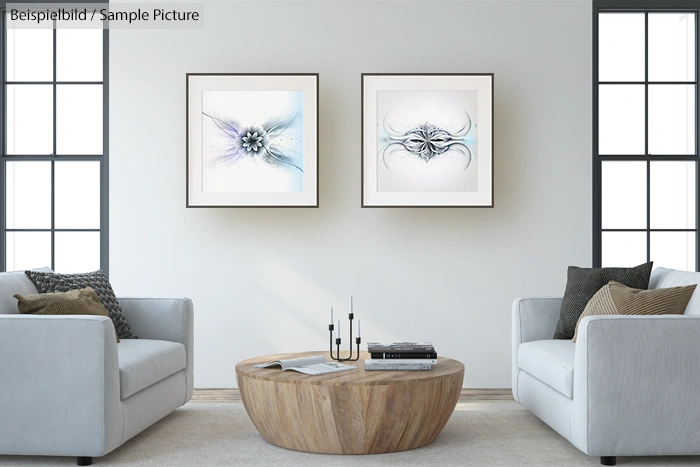 Modern living room with two abstract framed artworks, white sofas, black and grey cushions, and a wooden coffee table.