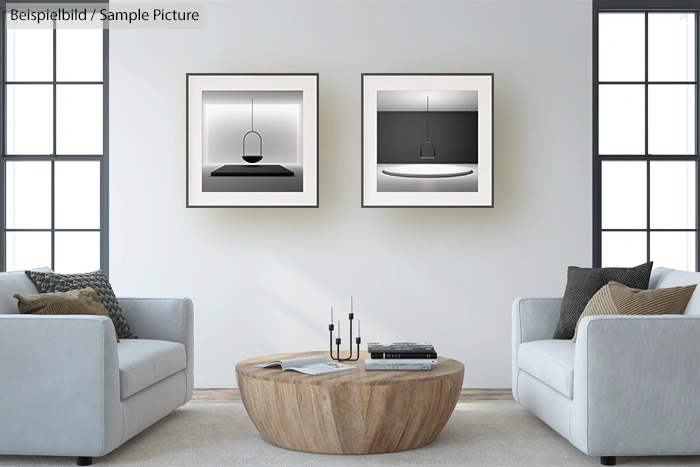 Modern living room with two framed black and white photos, two sofas, and a round wooden coffee table.