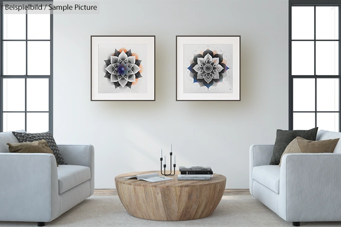 Modern living room with abstract geometric art, grey sofas, and wooden coffee table, framed by large windows.