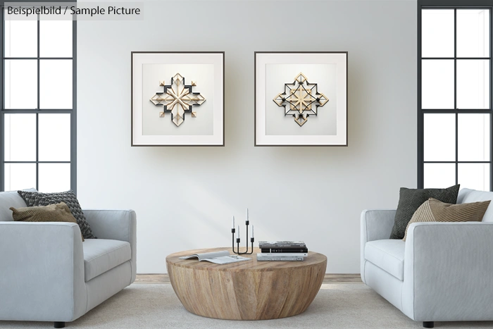 Modern living room with two beige couches, a round wooden coffee table, and geometric framed artworks on the wall.