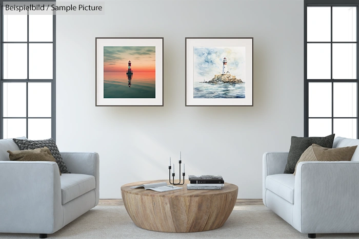 Modern living room with lighthouse paintings on wall, round wooden coffee table, and two grey sofas.