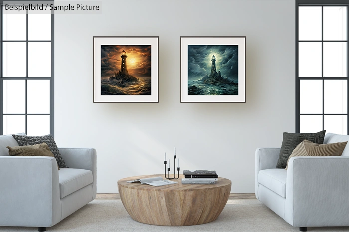 Modern living room with two lighthouse paintings, neutral sofas, and a round wooden coffee table with candles.