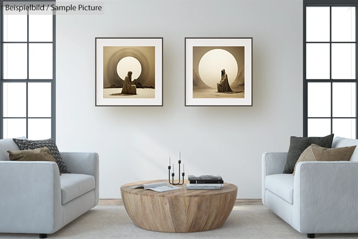 Modern living room with two abstract paintings, gray sofas, and a round wooden coffee table.