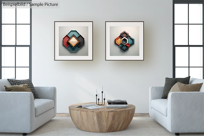 Modern living room with two abstract geometric art pieces, gray sofas, and a round wooden coffee table.