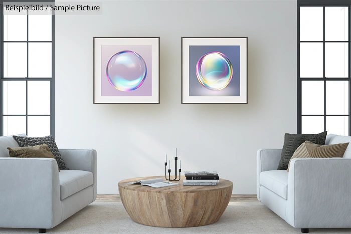 Modern living room with two abstract bubble paintings, white sofas, and a circular wooden coffee table.